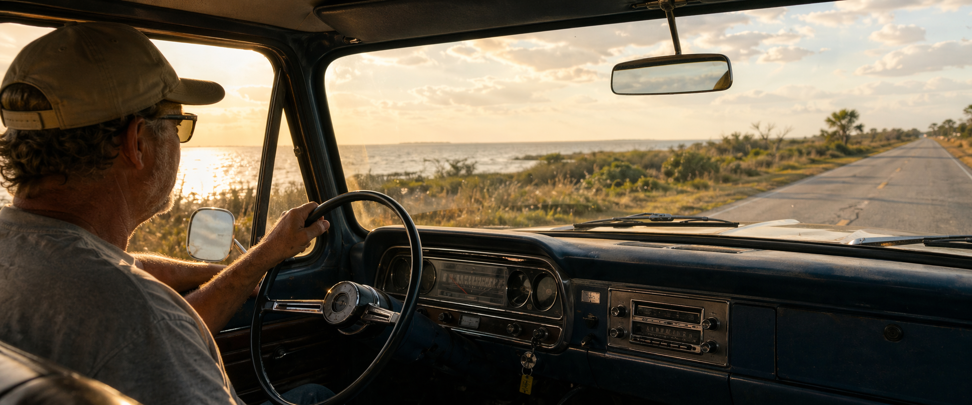 "Driver listening to radio in truck with Suncoast Florida scenery, representing powerful local radio advertising reach"