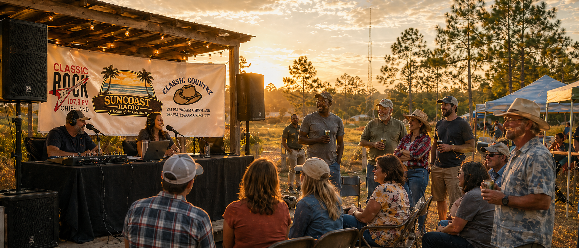 "Diverse group of local Suncoast residents aged 35-64 enjoying community and music, representing our engaged radio audience"