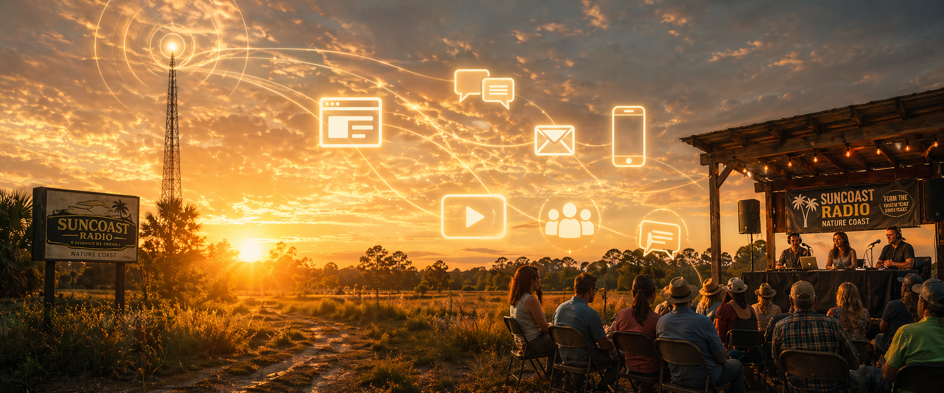 "Radio waves combining with digital icons of website, social media, and email to show multi-platform advertising power"